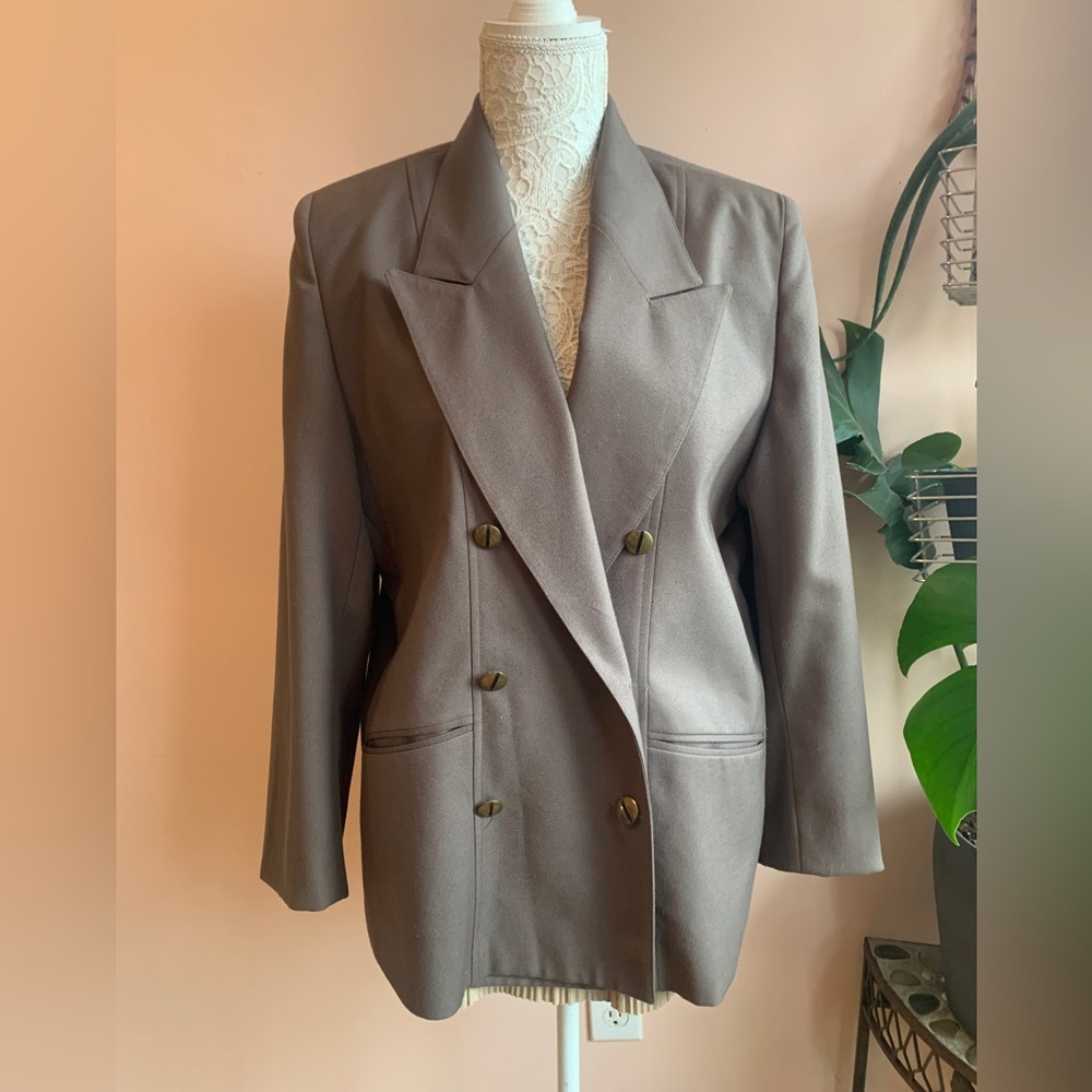 Vintage 1980s Green/Gray ‘Adriana’ Classic Double Breasted Long Line Blazer